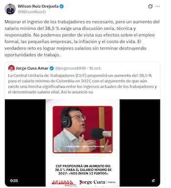 Wilson Ruiz Orejuela, exministro de Justicia, dijo que un aumento del 35% merece una discusión seria - crédito @WilsonRuizO/X