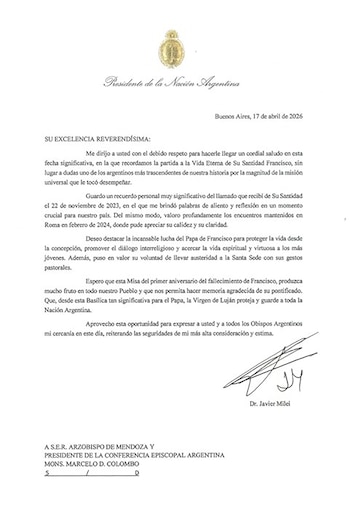 Documento oficial con membrete del Presidente de la Nación Argentina. La carta, fechada en Buenos Aires, 17 de abril de 2026, muestra texto impreso y una firma