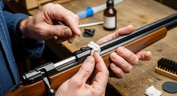 Manos de un hombre limpian un rifle. Se observan una varilla metálica con tela blanca, una botella de líquido y un cepillo sobre una mesa de madera.