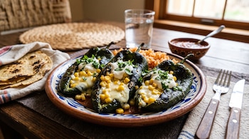 Tres chiles poblanos rellenos de queso y maíz sobre un plato de cerámica junto a tortillas, un vaso con agua y cubiertos en una mesa.