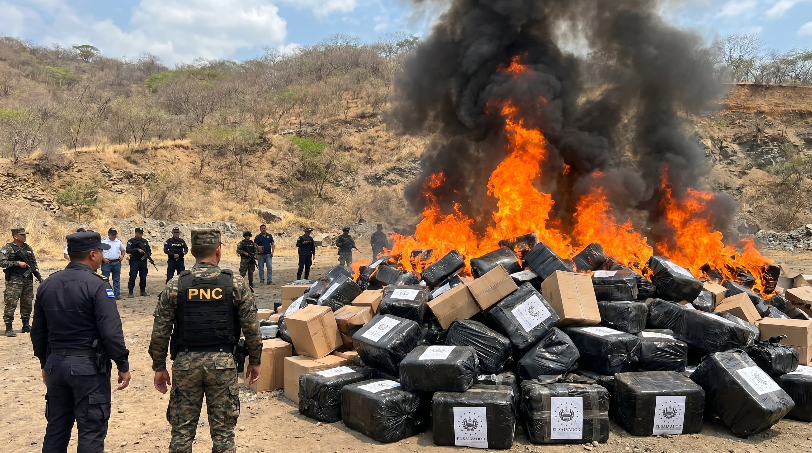 Agentes de la Policía Nacional Civil de El Salvador supervisan la destrucción por incineración de un cargamento de droga valorado en un tercio de millón de dólares en un área rural. (Imagen Ilustrativa Infobae)