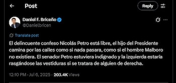 Daniel Briceño cuestionó que Nicolás Petro esté en libertad - crédito @Danielbricen