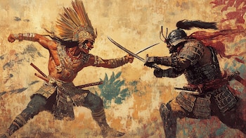 Batalla histórica entre culturas, guerrero japonés, combate mesoamericano, lucha samurái, encuentro guerrero ancestral, tradición guerrera. - (Imagen Ilustrativa Infobae)