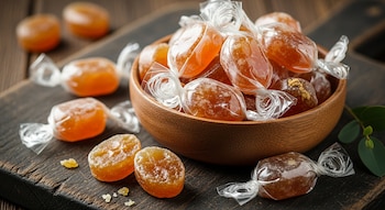 Primer plano de un cuenco de madera lleno de caramelos de miel y propóleo envueltos, junto a varios caramelos sueltos sobre una tabla de madera rústica.