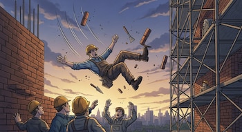 Ilustración de un albañil con casco amarillo cayendo de un andamio, con ladrillos y herramientas en el aire. Abajo, otros trabajadores observan horrorizados.