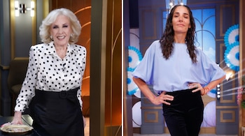 Imagen partida con Mirtha Legrand a la izquierda, sonriendo y con blusa de lunares, y Juana Viale a la derecha, con pelo suelto y blusa celeste.