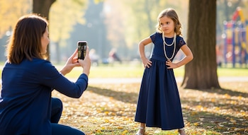 Una mujer toma una foto con su smartphone a una niña pequeña que, vestida con un vestido azul marino y perlas, posa en un parque con hojas de otoño.
