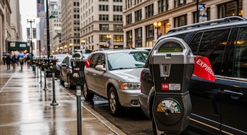 Vista a nivel de calle de una fila de parquímetros, incluido uno con bandera 'EXPIRADO', coches aparcados y peatones en una acera mojada en Chicago.