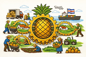 Foto de um abacaxi central em um aparelho, cercado por agricultores em diversas fases de cultivo, colheita, transporte terrestre, marítimo e aéreo.