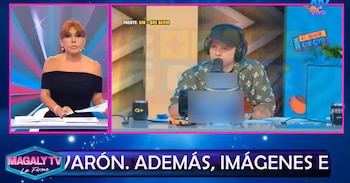 Pantalla dividida con Magaly Medina sentada a la izquierda y Mario Hart usando auriculares frente a un micrófono a la derecha