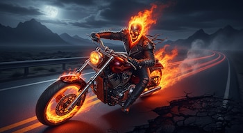 Ghost Rider en su moto roja llameante en una carretera oscura con grietas, bajo una luna llena y montañas al fondo. El personaje lleva una chaqueta de cuero.
