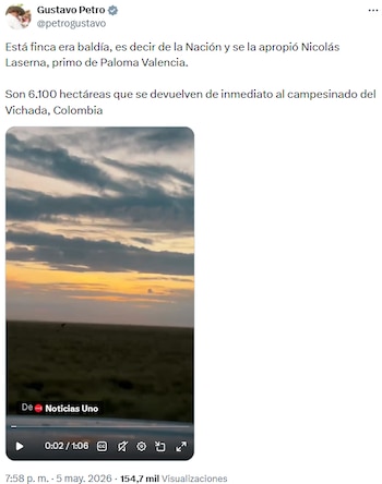 Gustavo Petro destacó restitución de tierras ocupadas por familiar de Paloma Valencia - crédito @petrogustavo/X