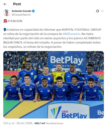Post de Antonio Casale sobre el retiro de la oferta para adquirir a Millonarios por parte del Kapital Football Group - crédito X
