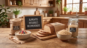 Mesa de cocina con avena integral en saco y bol, pan integral rebanado, arroz integral en bol y frasco. Pizarrón con texto: ALIMENTOS INTEGRALES RECOMENDADOS.