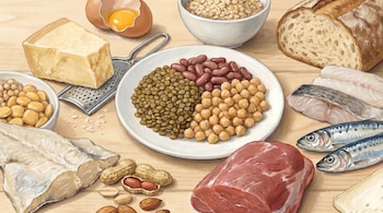 Primer plano de una mesa de madera con una variedad de alimentos: un plato central con lentejas, frijoles y garbanzos, queso, huevo, avena, pan, pescado, carne roja, maní y almendras.