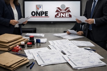 Una mesa de trabajo con actas electorales, sobres marrones, sellos y lapiceras. Al fondo, una pantalla con los logos de ONPE y JNE, y manos de funcionarios.