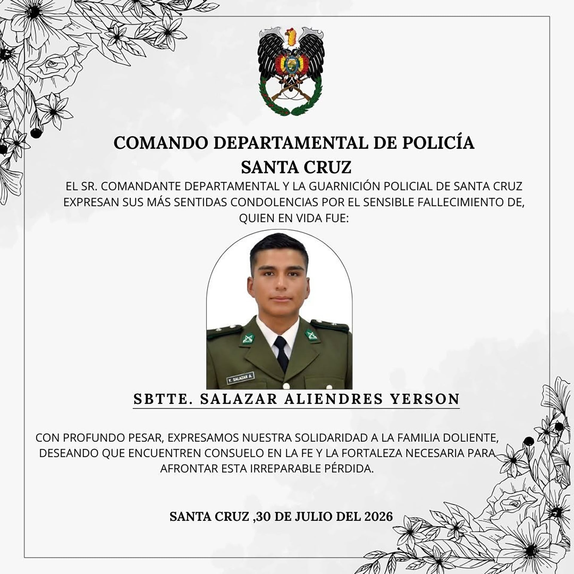 Subteniente de la Policía boliviana que fue asesinado tras investigar cuatro homicidios ocurridos horas antes en la localidad boliviana de San Matías (Archivo)