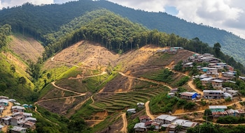 Ladera de montaña con extensas zonas deforestadas y áreas agrícolas en terrazas. Numerosas casas precarias se agrupan en las pendientes.