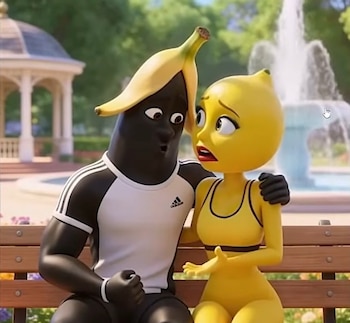 Hombre animado con plátano y mujer limón en un banco de parque. Él la abraza. Ambos lucen sorprendidos y preocupados. Fondo con fuente