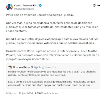 El Centro Democrático aseguró que las decisiones judiciales conocidas el 18 de junio tienen un impacto político y cuestionó el momento en que se produjeron - crédito @CeDemocratico/X