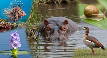 Collage mostrando un hipopótamo en agua, un pez león sobre coral, un buchón de agua flotando, un caracol en una hoja y un ganso del Nilo en la orilla.