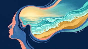 Ilustración de un perfil humano en tonos azules y coral, con una playa, olas y un sol brillante en su interior sobre fondo azul oscuro.