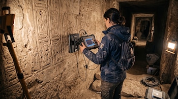 Persona de espaldas con chaqueta azul que apoya un radar sobre una pared de piedra con jeroglíficos grabados dentro de un túnel iluminado.