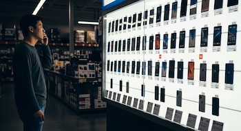 Hombre de perfil con suéter gris y jeans azules, mirando una gran vitrina iluminada con filas de teléfonos celulares en exhibición en un almacén.