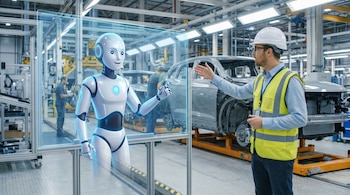 Un hombre con casco y chaleco de seguridad gesticula hacia un avatar de robot translúcido en una planta de SUV. Vehículos a medio ensamblar al fondo.