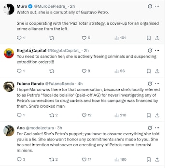 Comentarios contra la fiscal Luz Adriana Camargo en las redes del director del FBI Kash Patel - @FBIDirectorKash/X