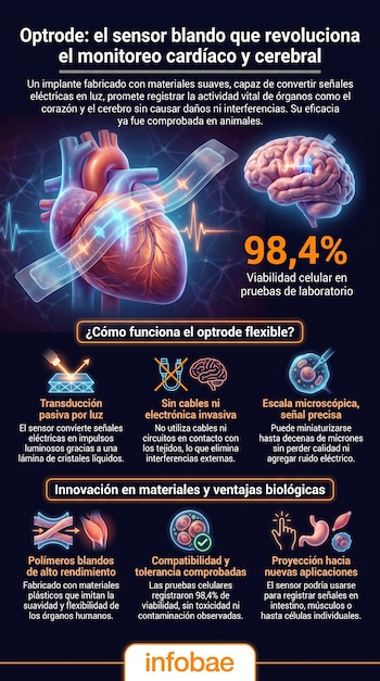 Infografía que muestra un corazón, un cerebro y un sensor flexible. Contiene diagramas del funcionamiento del optrode, texto informativo y el logo de Infobae.