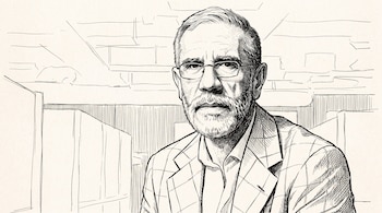 Dibujo de un hombre con barba y gafas, vestido con chaqueta a cuadros sobre una camisa, contra un fondo de líneas abstractas.