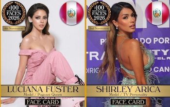 Composición con dos retratos de Luciana Fuster y Shirley Arica, junto a logotipos de "100 Most Beautiful Faces 2026" y banderas de Perú