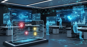 Una oficina moderna con grandes pantallas mostrando gráficos y códigos azules. Un panel digital en primer plano muestra alertas de ciberseguridad en rojo. Figuras humanas translúcidas azules interactúan con las pantallas.