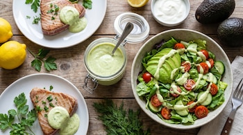 Sobre uma mesa de madeira estão duas tigelas de atum picado, uma salada de alface, abacate, pepino e tomate e um pote de molho verde.