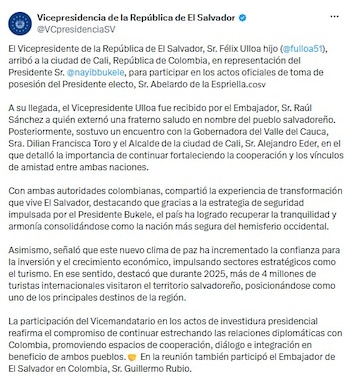 Vicepresidente de El Salvador, Félix Ulloa, esta en Cali para posesión de Abelardo de la Espriella - crédito @VCpresidenciaSV/X