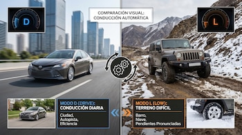 Imagen dividida que compara dos modos de conducción: un sedán gris en una ciudad con edificios y un SUV beige en un sendero nevado y lodoso de montaña.