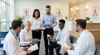 Cinco personas, tres hombres y dos mujeres, dos en batas de laboratorio y tres en ropa de negocios, discuten en una sala de espera moderna con carteles de anatomía.