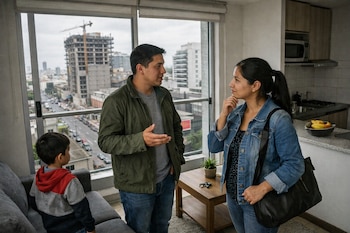 Familia peruana en un departamento de Lima: el hombre habla con la mujer y un niño mira por la ventana hacia edificios y la calle.