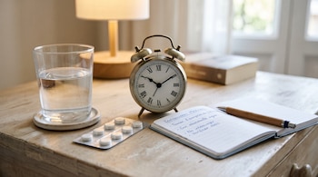 Un vaso de agua, un blíster con comprimidos, un reloj despertador y una libreta abierta con un bolígrafo sobre una mesa de madera.
