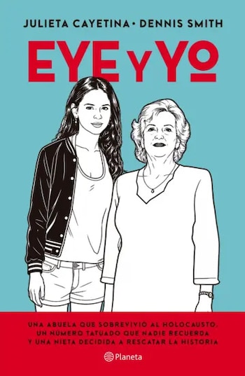 Ilustración de dos mujeres sobre fondo azul con el título EYE Y YO en letras rojas y una franja inferior del mismo color