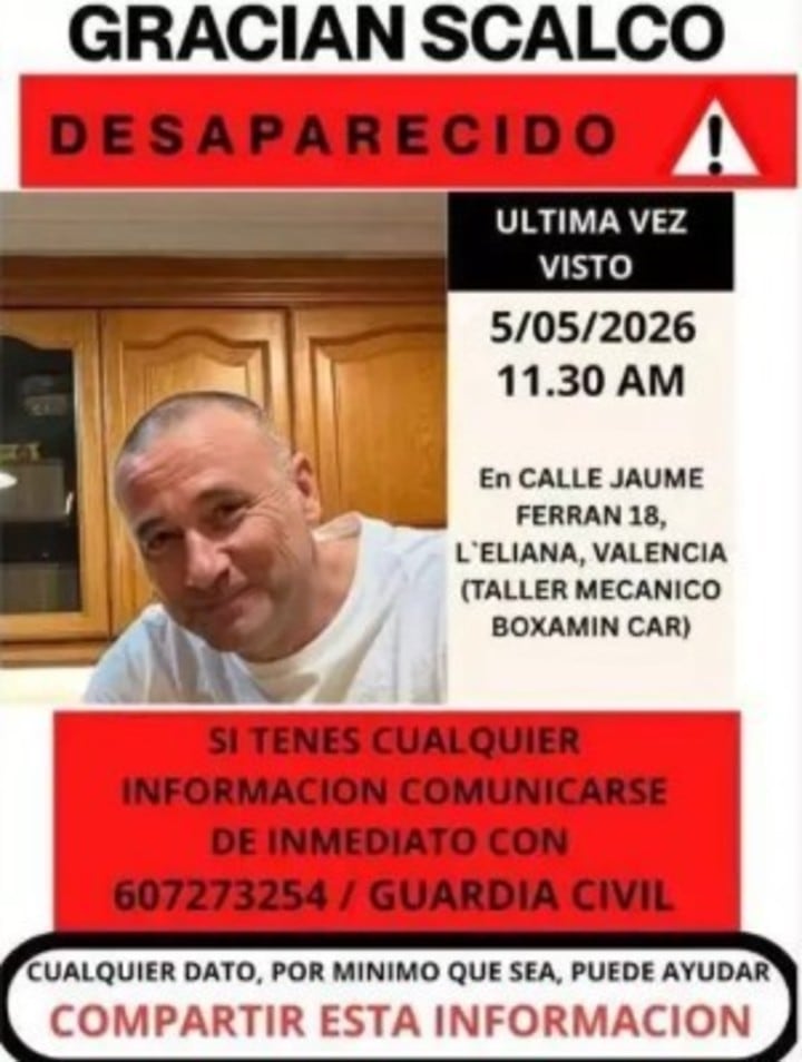 Buscan a Gracián Scalco, un argentino de 52 años visto por última vez en Valencia