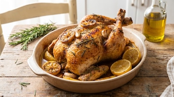 Pollo asado entero con romero, rodajas de limón y ajos en fuente de horno, sobre mesa de madera. Botella de aceite y ramitas de romero.
