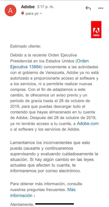 Copia del email de Adobe en donde suspende servicios