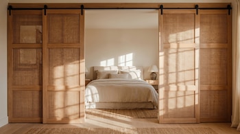 Vista frontal de un dormitorio luminoso con una cama grande y ropa de cama clara, visto a través de dos puertas correderas de madera con paneles de caña, con luz solar entrando.