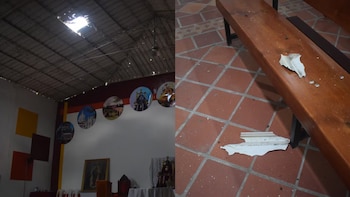 El teatro parroquial San Isidro Labrador sufrió daños en el techo, las bancas y sectores cercanos al altar por fragmentos y metralla del ataque - crédito captura de pantlla Francisco Calderón / El País