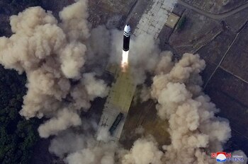 FILE PHOTO: An overview of what state media reports is the launch of the "Hwasong-17" intercontinental ballistic missile (ICBM) in this undated photo released on March 25, 2022 by North Korea's Korean Central News Agency (KCNA). KCNA via REUTERS ATTENTION EDITORS - THIS IMAGE WAS PROVIDED BY A THIRD PARTY. REUTERS IS UNABLE TO INDEPENDENTLY VERIFY THIS IMAGE. NO THIRD PARTY SALES. SOUTH KOREA OUT. NO COMMERCIAL OR EDITORIAL SALES IN SOUTH KOREA. TPX IMAGES OF THE DAY/File Photo