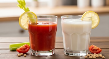 Dos vasos en una mesa de madera, uno con jugo de tomate y apio, otro con bebida de soja, ambos con rodajas de limón. Hay tomates, apio y soja.