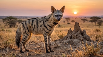 Un lobo de tierra con franjas oscuras permanece junto a un termitero sobre un terreno seco con el sol en el horizonte.