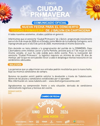 El concierto de J Balvin en Cartagena fue reprogramado para el 6 de junio de 2026, manteniendo el estadio Jaime Morón como escenario - crédito @diomargarcia1/Instagram